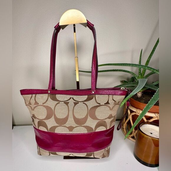Coach Signature Stripe Tote Bag 12429 Fuchsia Pink Khaki Canvas Leather Y2K Bag - Picture 4 of 11